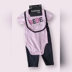 NWT BEBE baby 3pc Pink Set | Bodysuit + Pant + Bib | 3-6 months